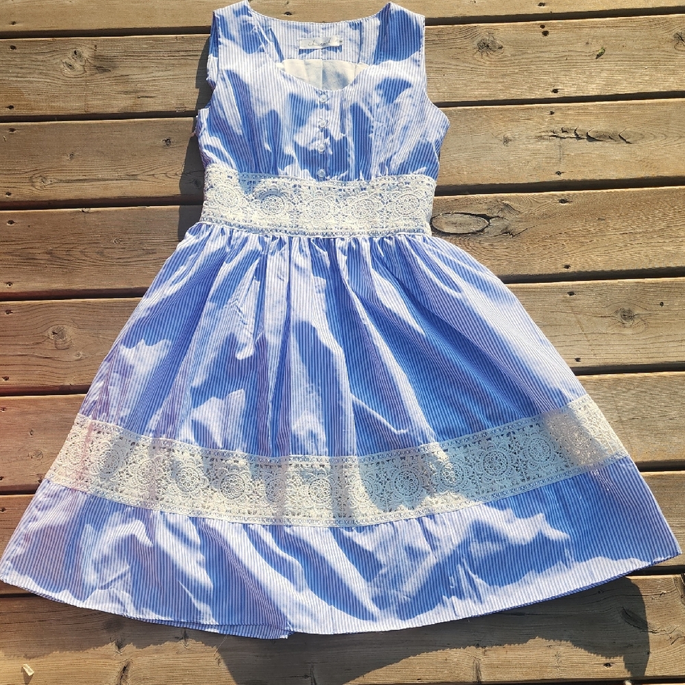Chicwish Striped Lace Midi Dress in Blue and White